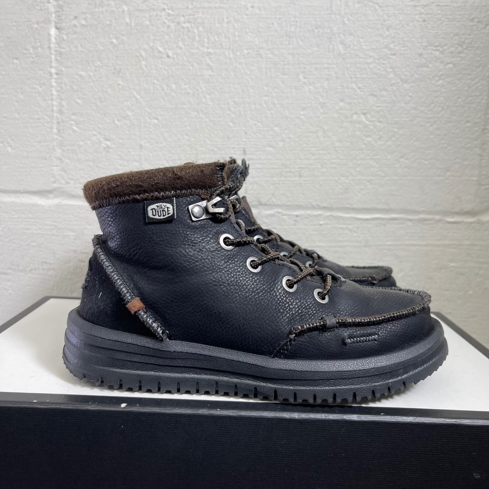 Hey Dude Bradley Boot Black Leather Lace Up Kids Size 1 US/33 EU
